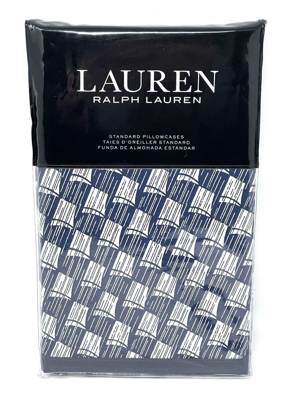 Ralph Lauren Casey Standard Pillowcases Navy Blue Cream PAIR Sails Nautical Geo
